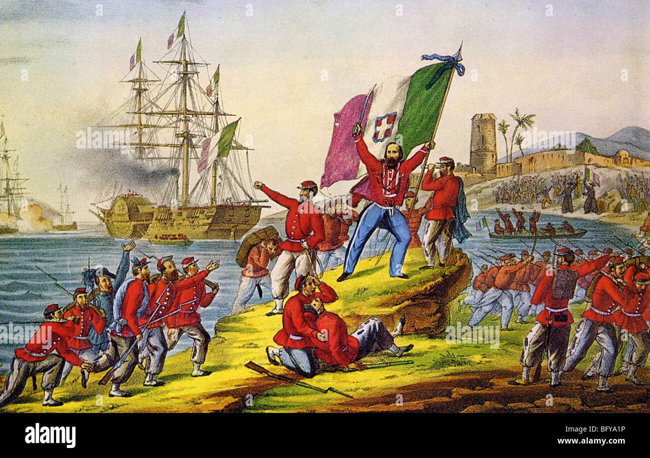 GIUSEPPE Garibaldi et ses chemises rouges des terres de l'armée de libération à Marsala, en Sicile, le 11 mai 1860 pour aider la rébellion anti-Bourbon Banque D'Images