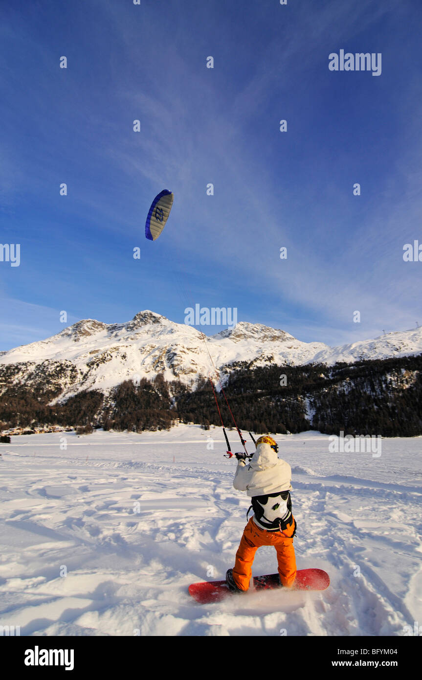 Le Snowkite, Lac de Silvaplana, Saint-Moritz, canton des Grisons, Suisse, Europe Banque D'Images