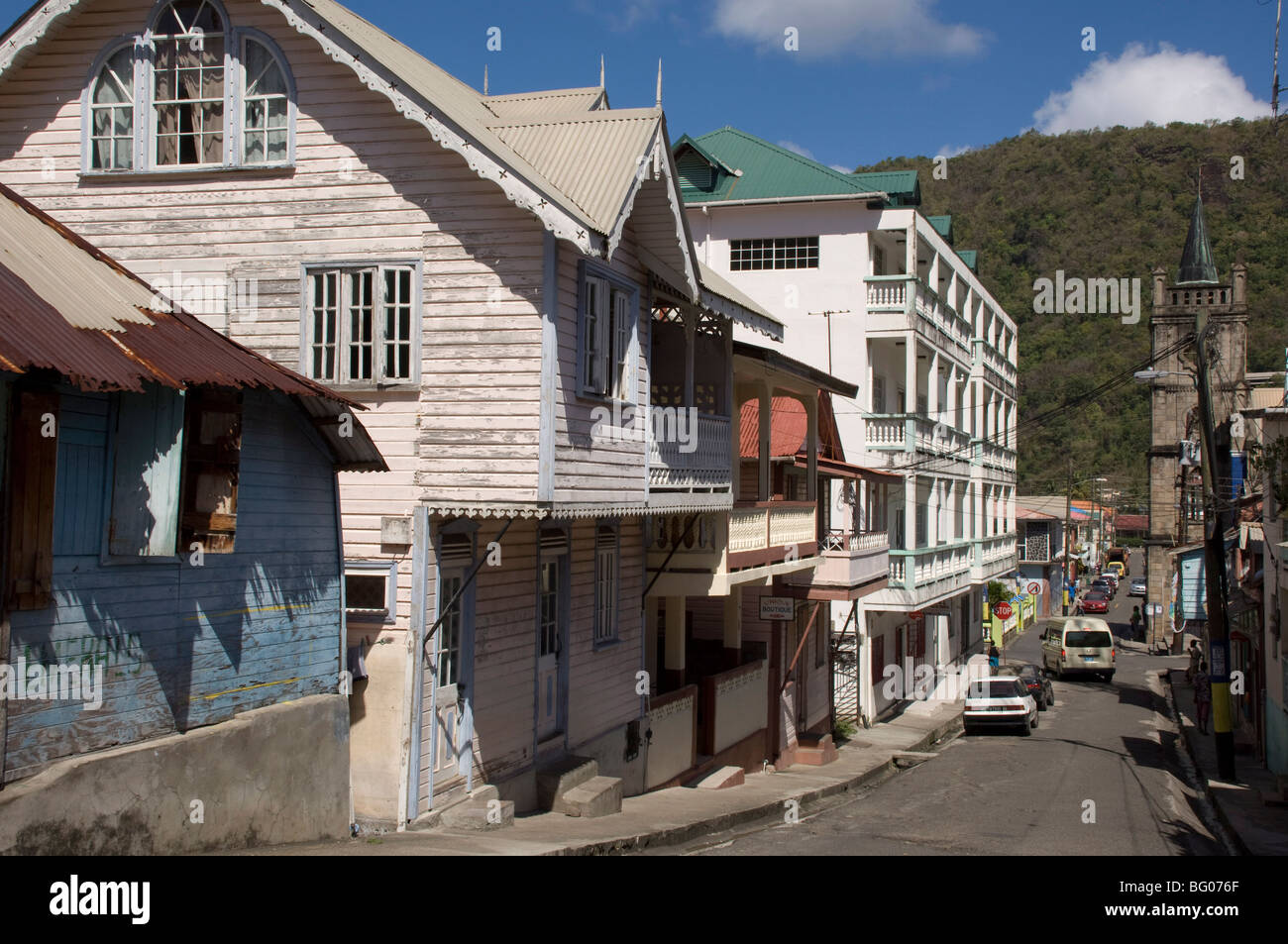 L'architecture indienne de l'ouest dans la ville de Soufrière, Sainte-Lucie, îles du Vent, Antilles, Caraïbes, Amérique Centrale Banque D'Images