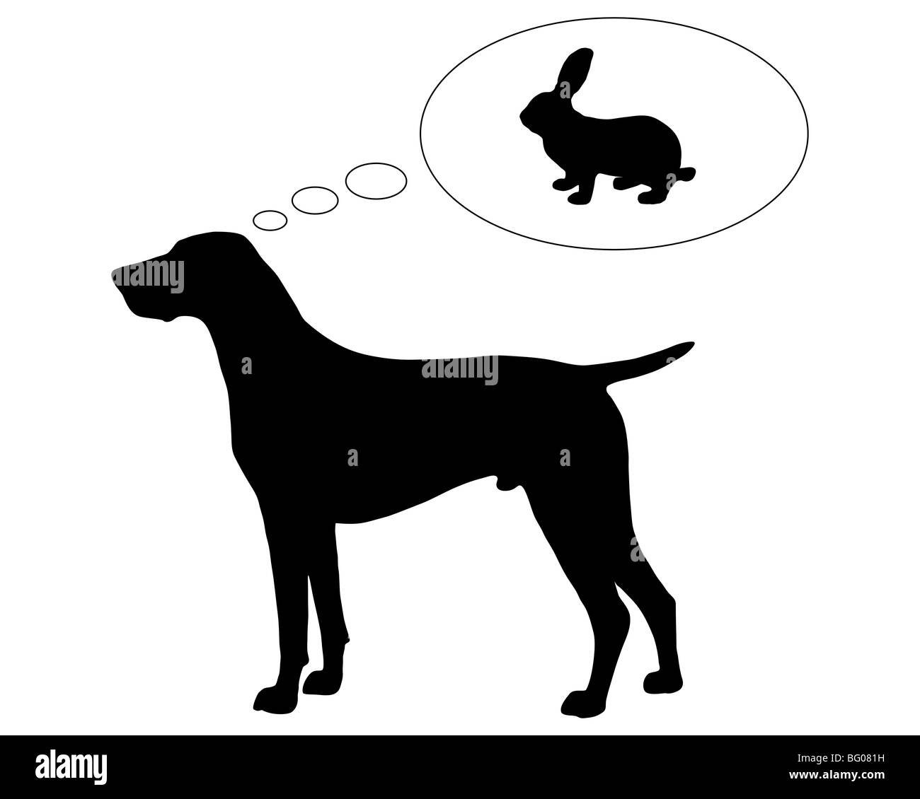 La silhouette noire d'un braque allemand rêvant d'un lapin Banque D'Images