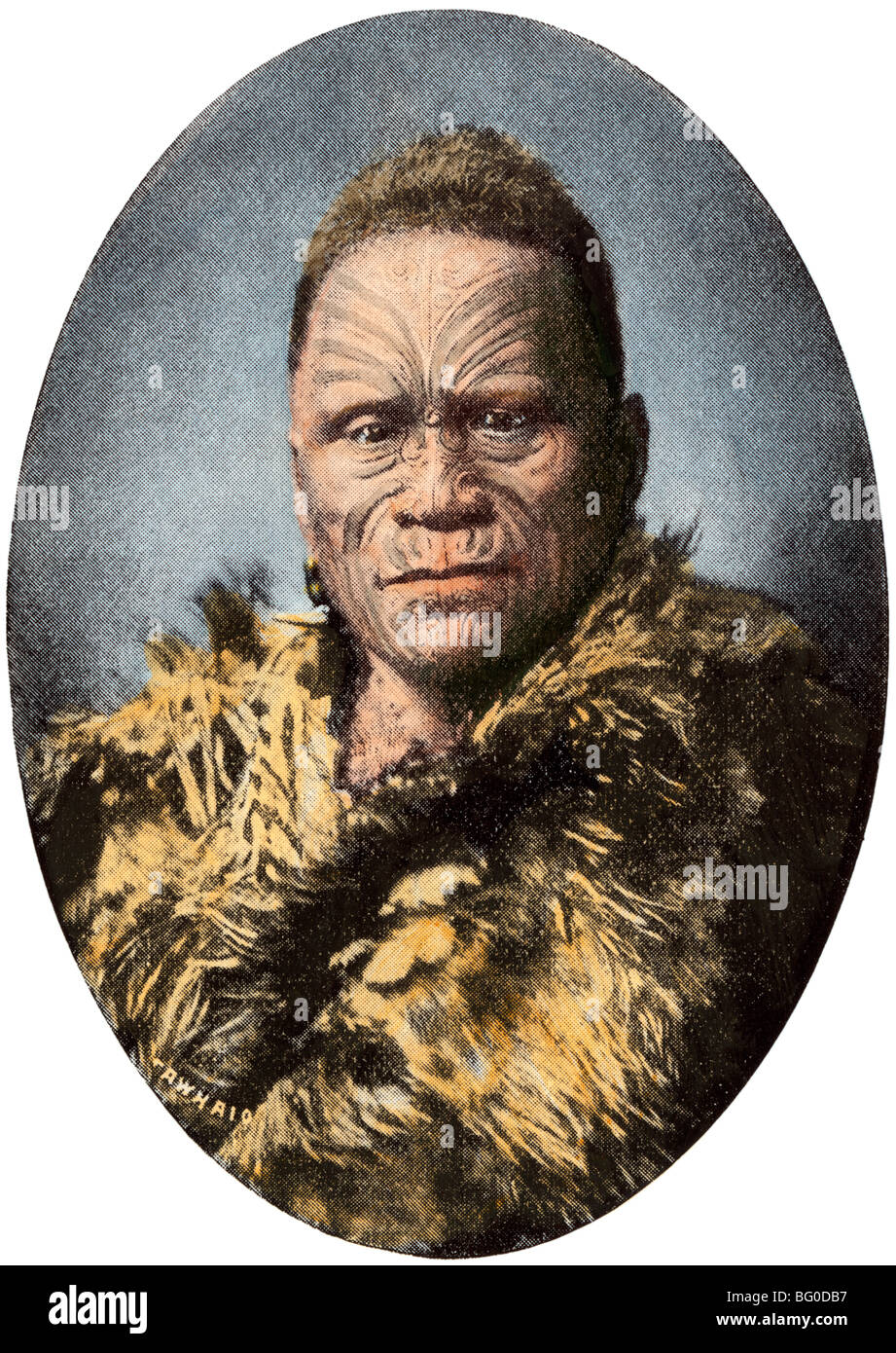 Tawhaio, Maori king, avec visage tatoué dans une robe de plumes, Nouvelle-Zélande, fin des années 1800. La main, d'une photographie de demi-teinte Banque D'Images