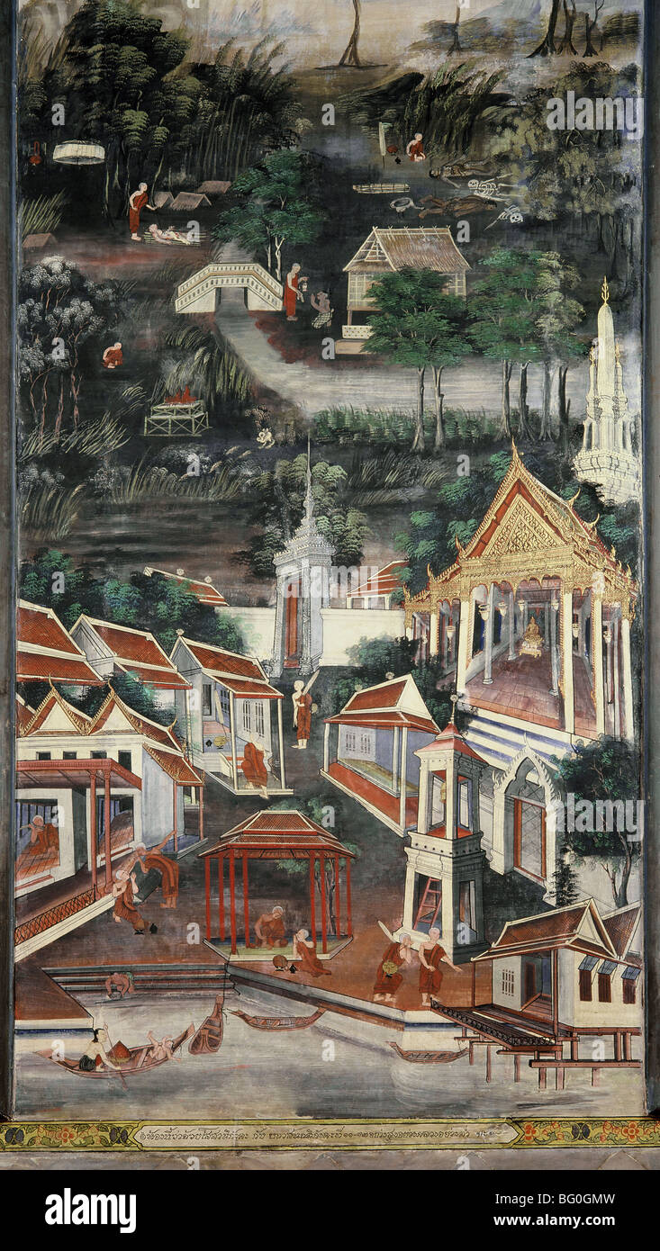La vie monastique, la peinture murale par Kru à Khong, Wat Bowornivet, Bangkok, Thaïlande, Asie du Sud, Asie Banque D'Images