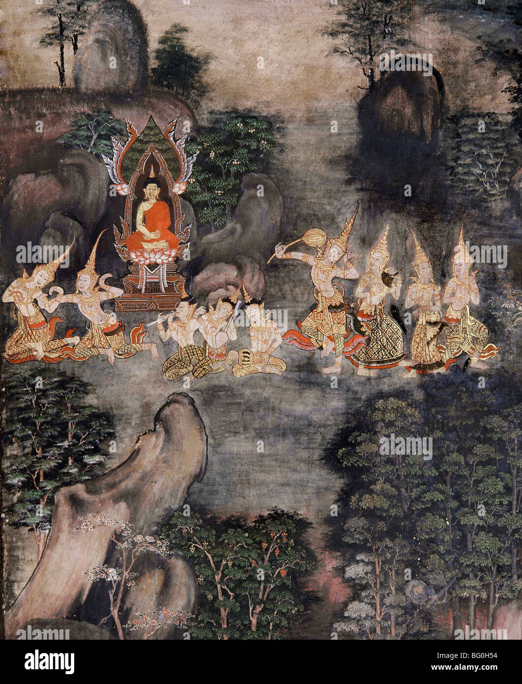 Fresque de la tentation de Bouddha, Wat Tong Thammachat, Bangkok, Thaïlande, Asie du Sud-Est, Asie Banque D'Images