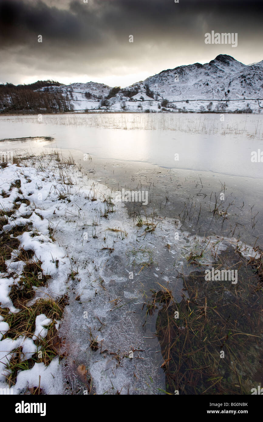 Peu de congelé et Tarn Langdale Fells couverte de neige, Parc National de Lake District, Cumbria, Angleterre, Royaume-Uni Banque D'Images