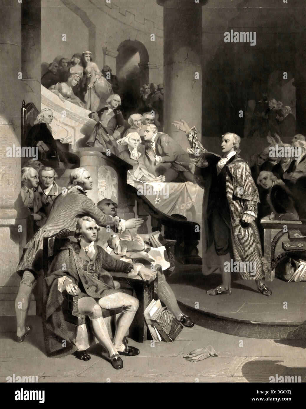 Patrick Henry avant la Chambre des bourgeois de Virginie, 30 mai 1765 Banque D'Images