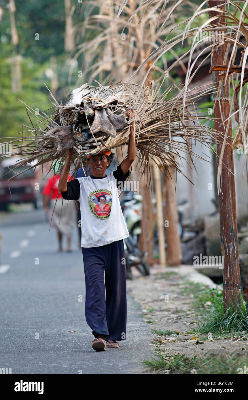 Une dame balinais un chargement de feuilles de palmier sur la tête, Petulu Tegallalang, village, Ubud, Bali Banque D'Images