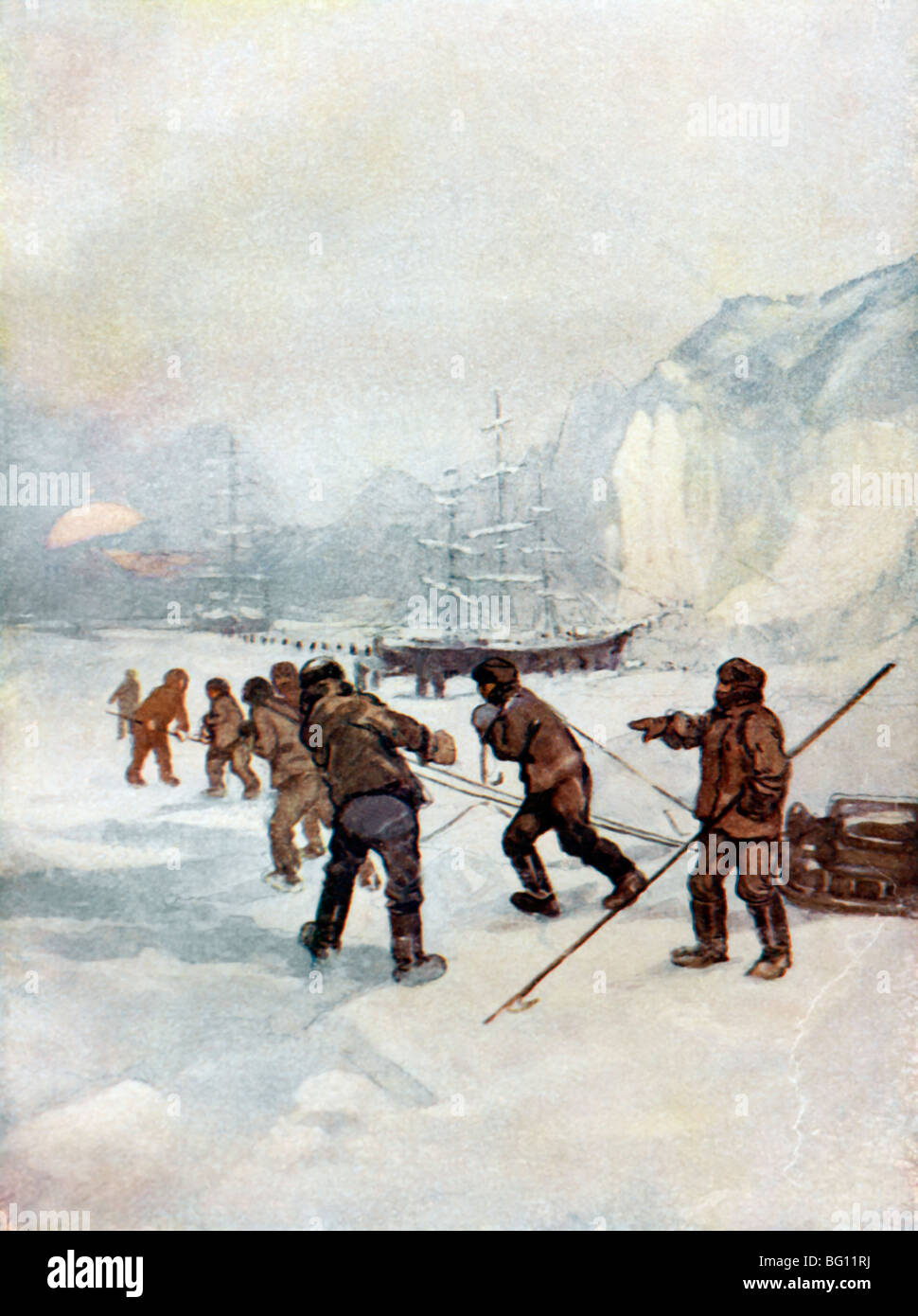 Illustration de Sir John Franklin et de ses hommes de marcher sur la glace avec traîneaux Banque D'Images