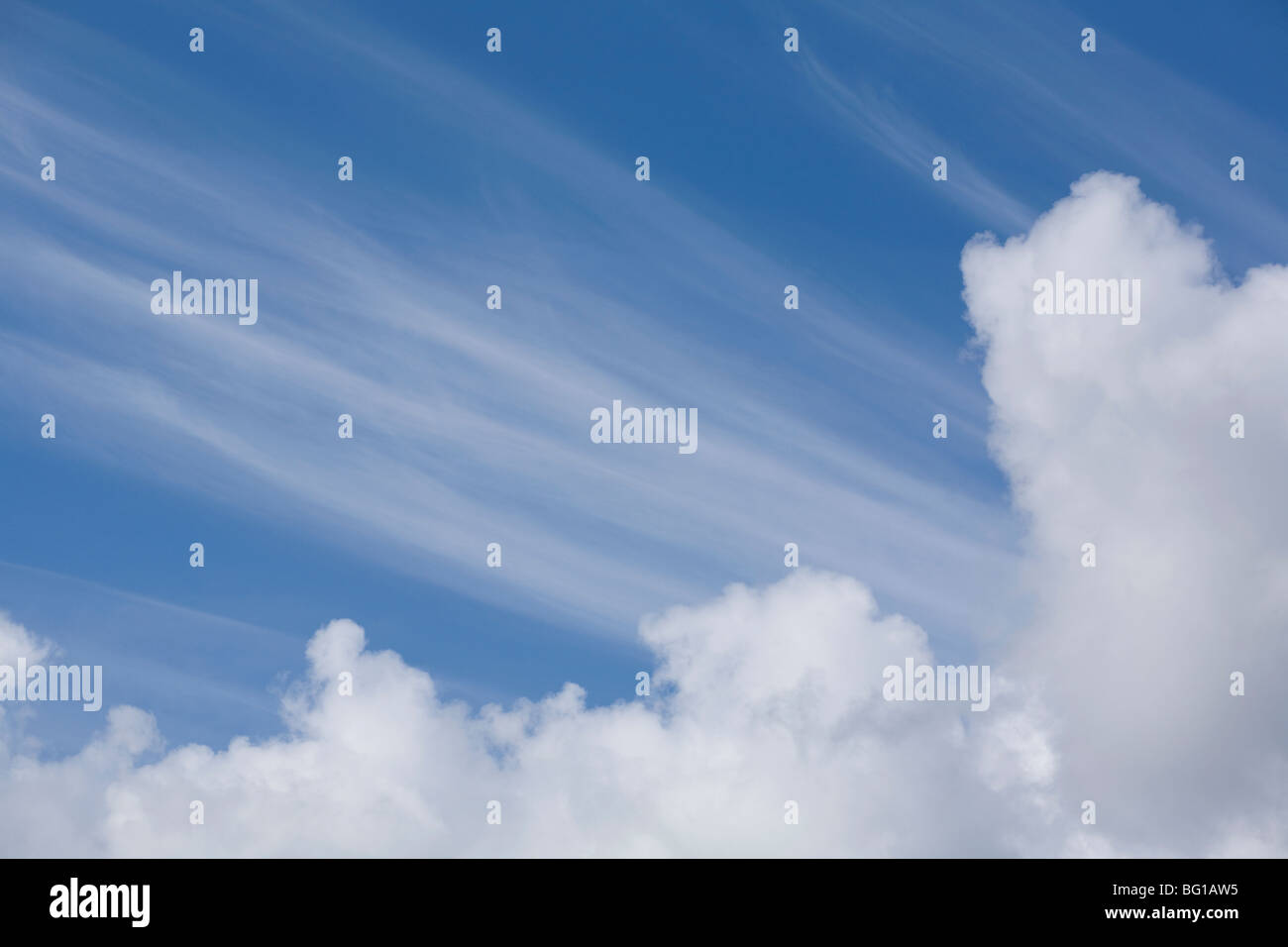 Cumulus Cirrus nuages contre un ciel bleu. Banque D'Images