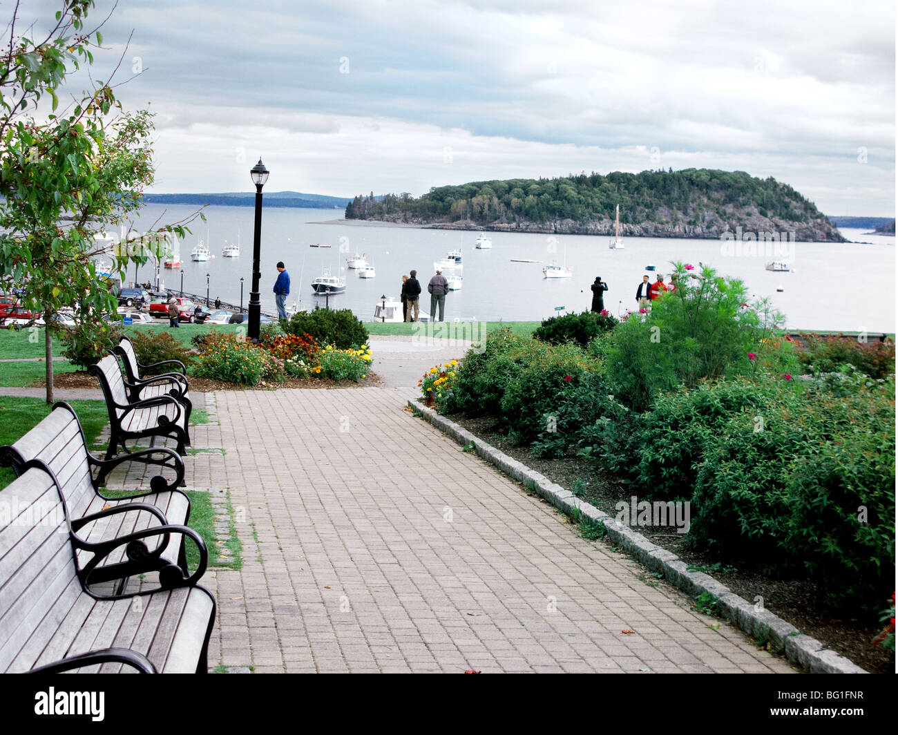 Vue sur Frenchman's Bay et Porcupine Island depuis Grant Park à Bar Harbor, Maine, États-Unis. Banque D'Images