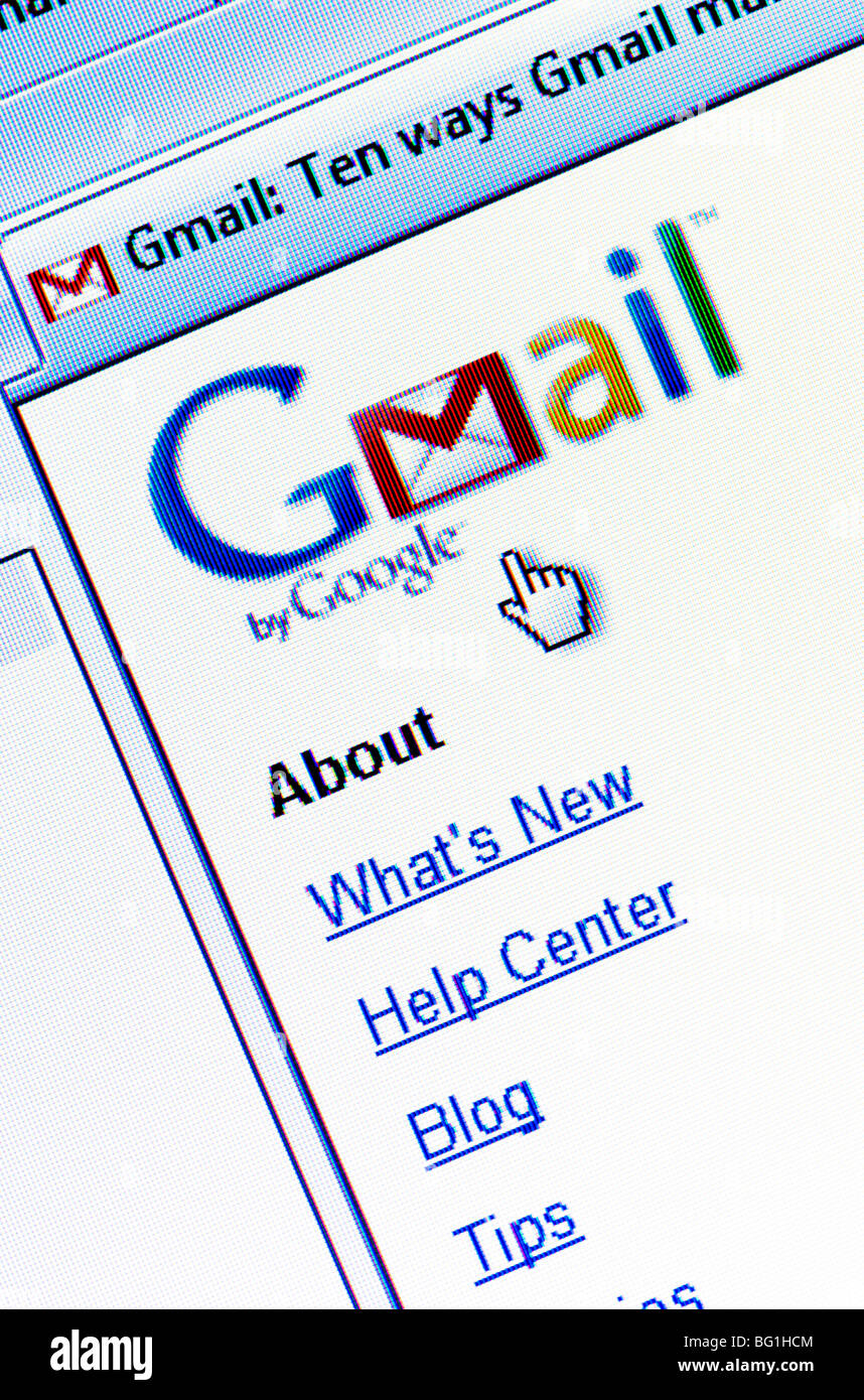 Capture d'écran du site web GMail Google Mail (alias) - le service de courriel gratuit géré par géant de l'internet Google. Usage éditorial uniquement. Banque D'Images