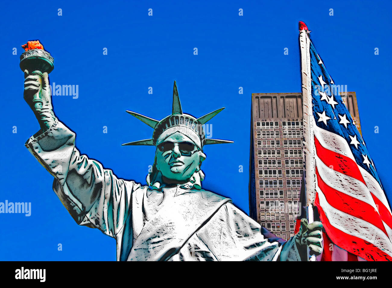 Statue de la liberté mime dans Battery Park, Manhattan, NY, manipulés avec des filtres à air d'une caricature Banque D'Images