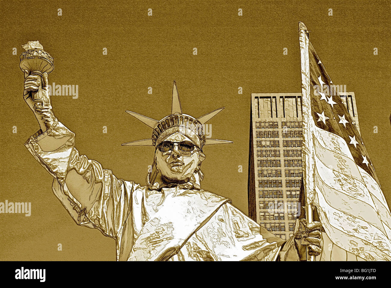 Statue de la liberté mime dans Battery Park, Manhattan, NY, manipulés avec des filtres à air d'un croquis au crayon sépia Banque D'Images