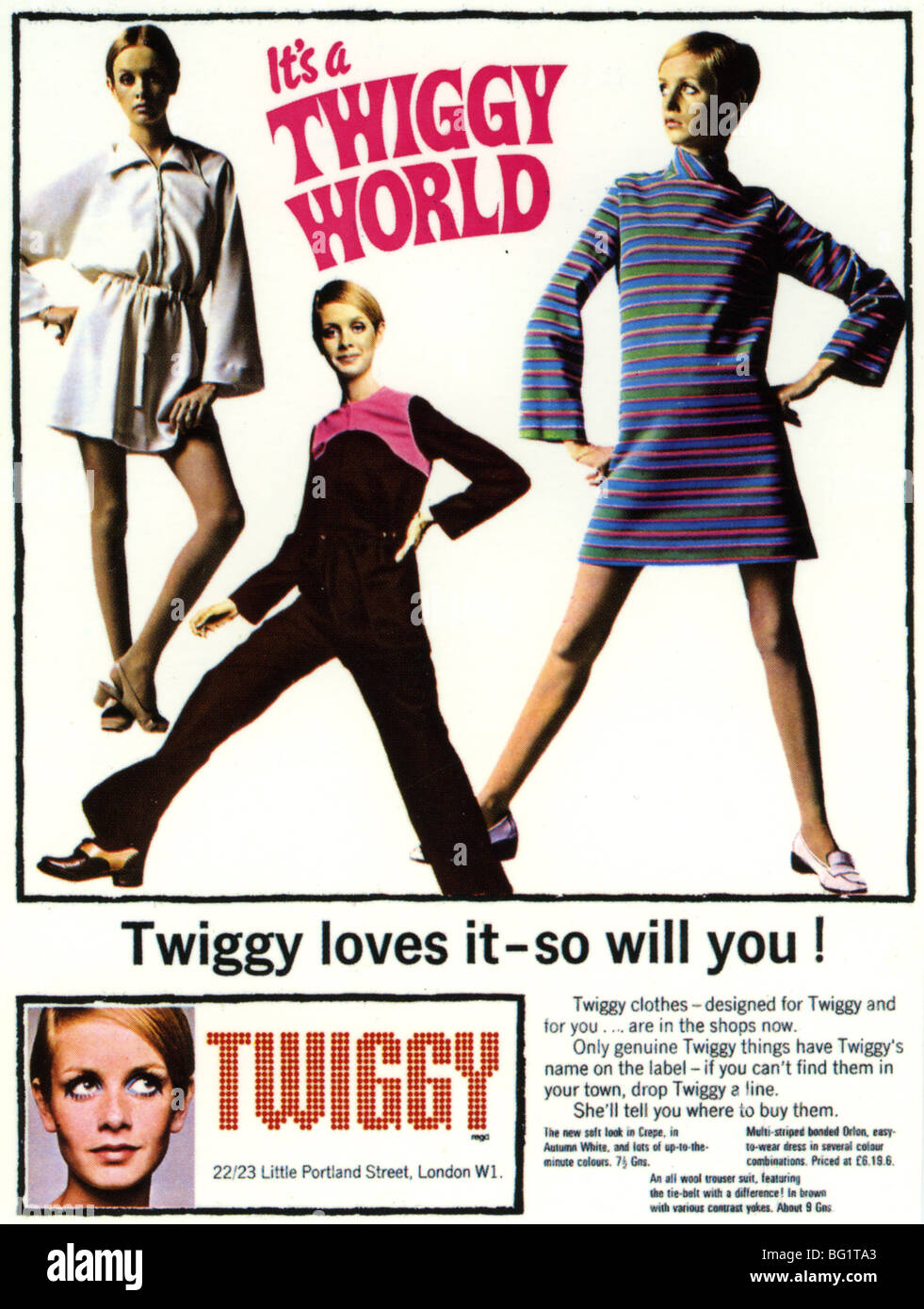 TWIGGY 1960 annonce pour boutique de mode géré par le modèle anglais et chanteur Banque D'Images