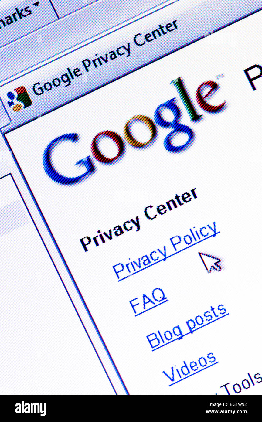 Capture d'écran de Macro Centre de confidentialité de Google - la section du site web de Google qui expose la façon dont il traite les données personnelles. Banque D'Images