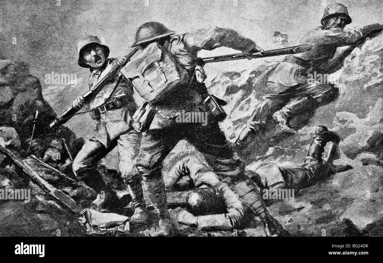 WW1 contemporain illustration d'un privé Britannique en combat au corps à corps avec les soldats allemands à Ypres en Flandre en 1917. Banque D'Images
