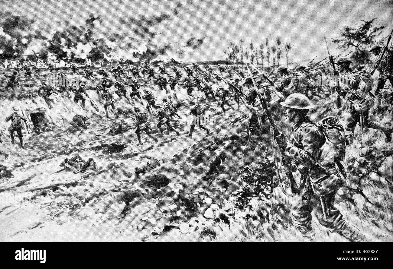 WW1 illustration contemporaine des troupes britanniques capturant le village français de Montauban dans la bataille de la Somme en 1916. Banque D'Images
