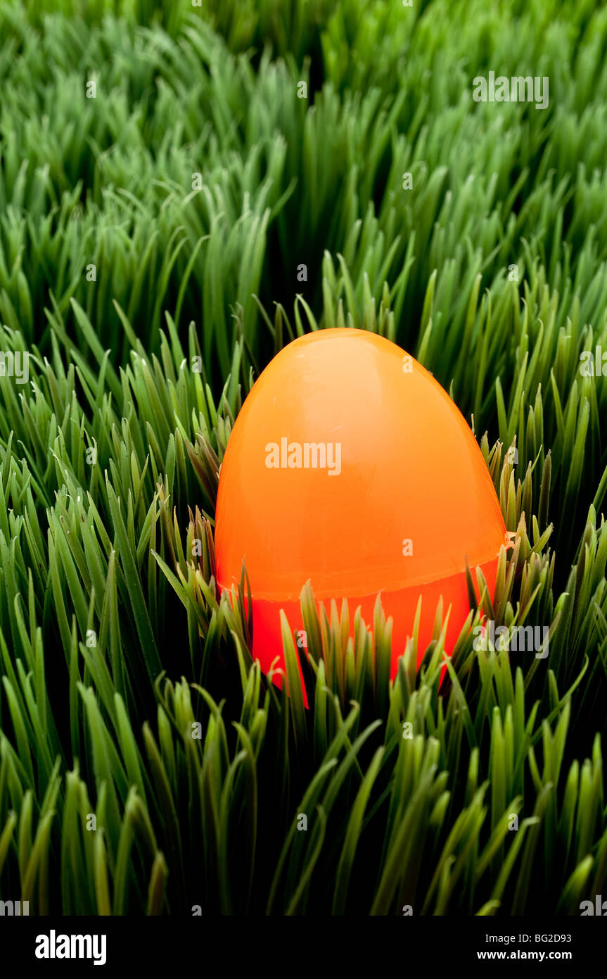 Vertical image d'un oeuf de Pâques orange on Green grass Banque D'Images