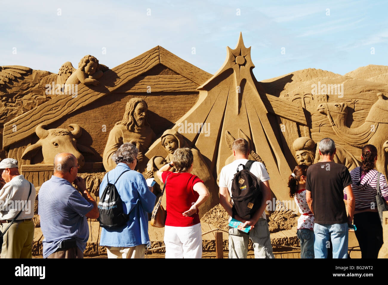 Crèche de sculptures de sable sur la plage de Las Canteras à Las Palmas de Gran Canaria Banque D'Images
