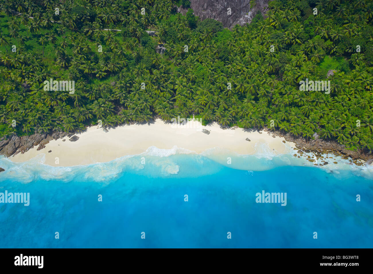 Vue aérienne de la plage Anse Victorin, Fregate Island, Seychelles, océan Indien, Afrique Banque D'Images