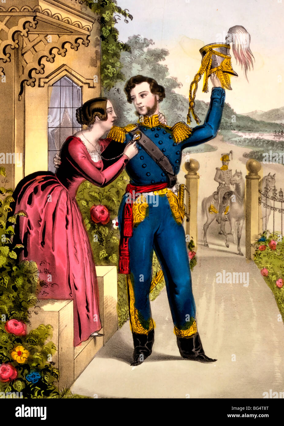 Adieu du soldat - soldat de dire au revoir à la femme, circa 1847 Banque D'Images