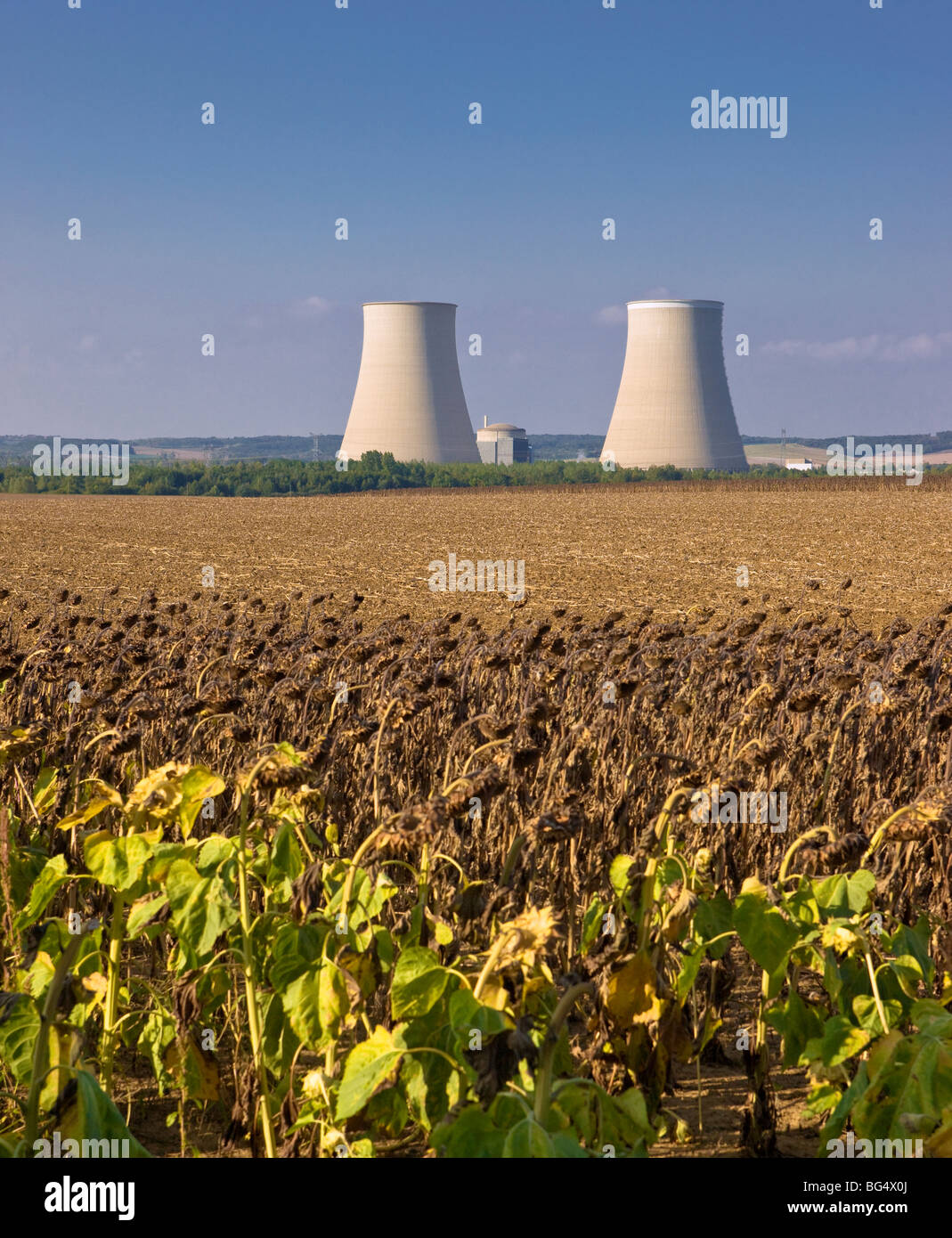 Les tours de refroidissement de la centrale nucléaire de Nogent-sur-Seine, une ville près de Paris, France Banque D'Images