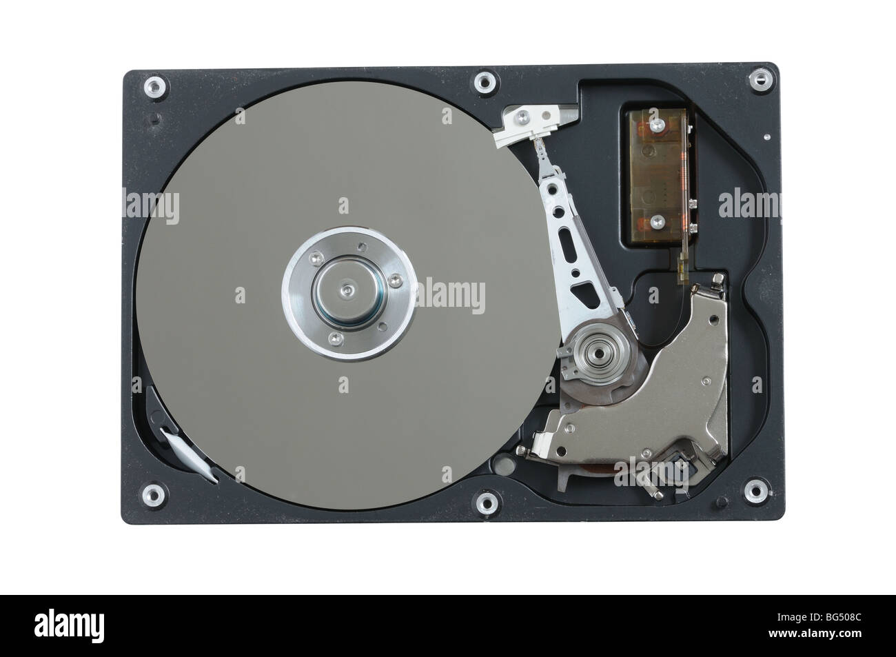 Disque dur ouvert isoliert sur fond blanc Banque D'Images