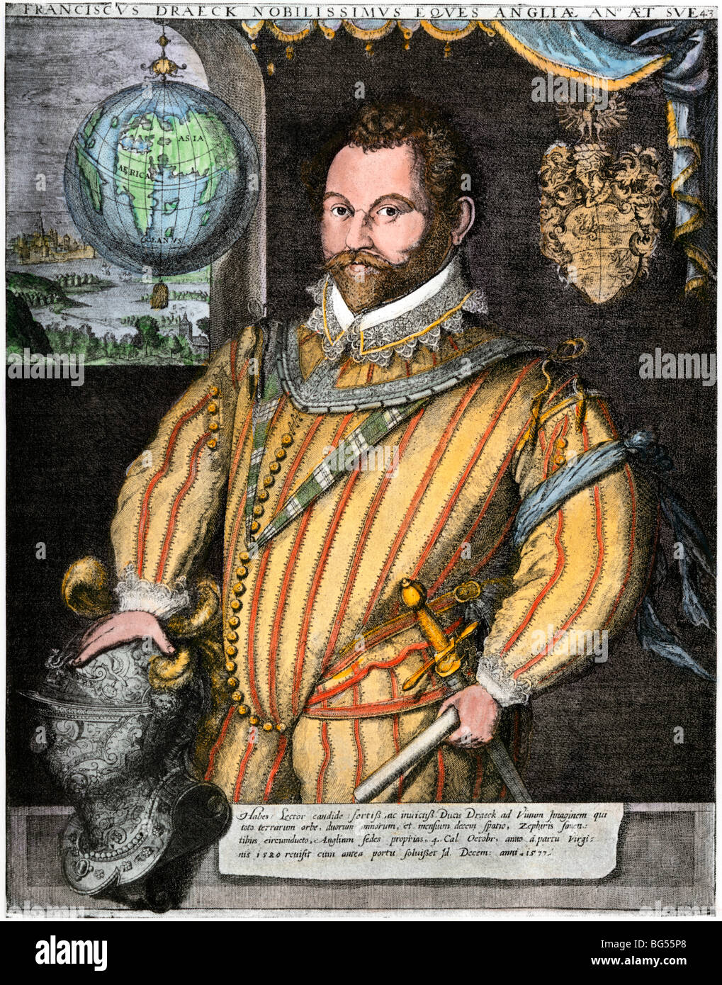 L'amiral Francis Drake, premier Anglais à la voile autour du monde. À la main, gravure sur bois Banque D'Images