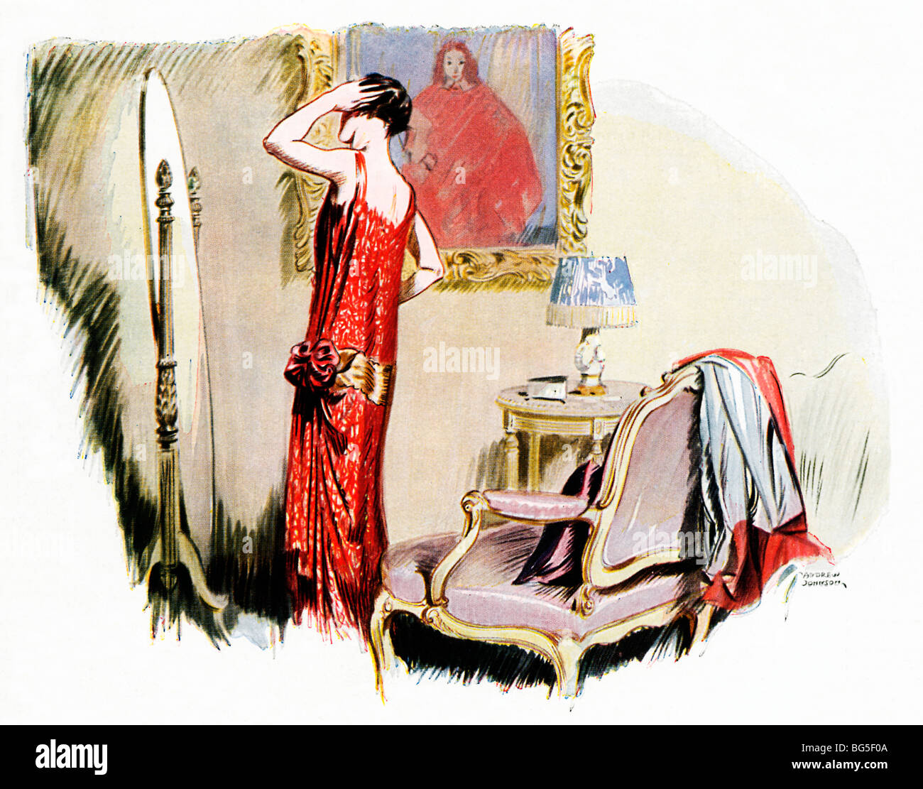Jeune fille dans une robe vaporeuse, 1925 L'illustration de mode d'une dame dans son boudoir au lissage se prépare à affronter le monde Banque D'Images
