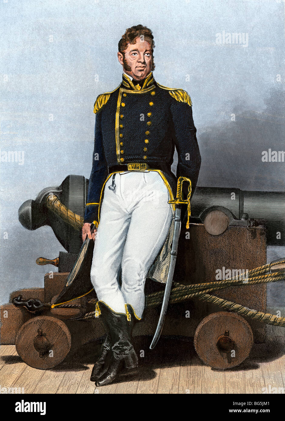 Le capitaine William Bainbridge en uniforme de la Marine US, appuyé contre cannon sur le pont du navire. À la main, gravure sur acier Banque D'Images