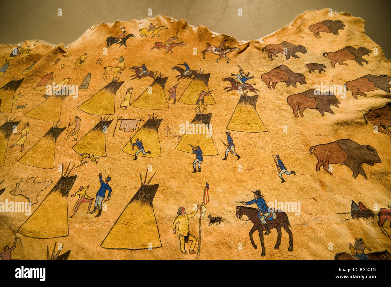 Peinture de peau de cerfs amérindiens du massacre de Sand Creek Colonel John Chivington 700 hommes tués mutilés 133 Cheyennes amicaux, principalement des femmes enfants Banque D'Images