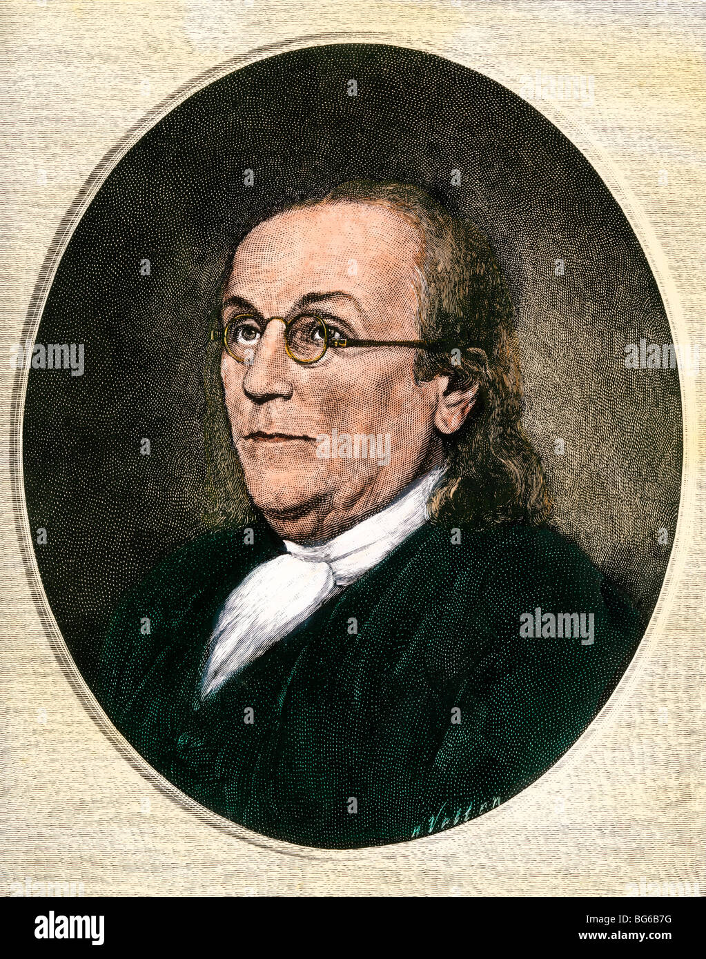 Benjamin Franklin portant des lunettes. À la main, gravure sur bois Banque D'Images