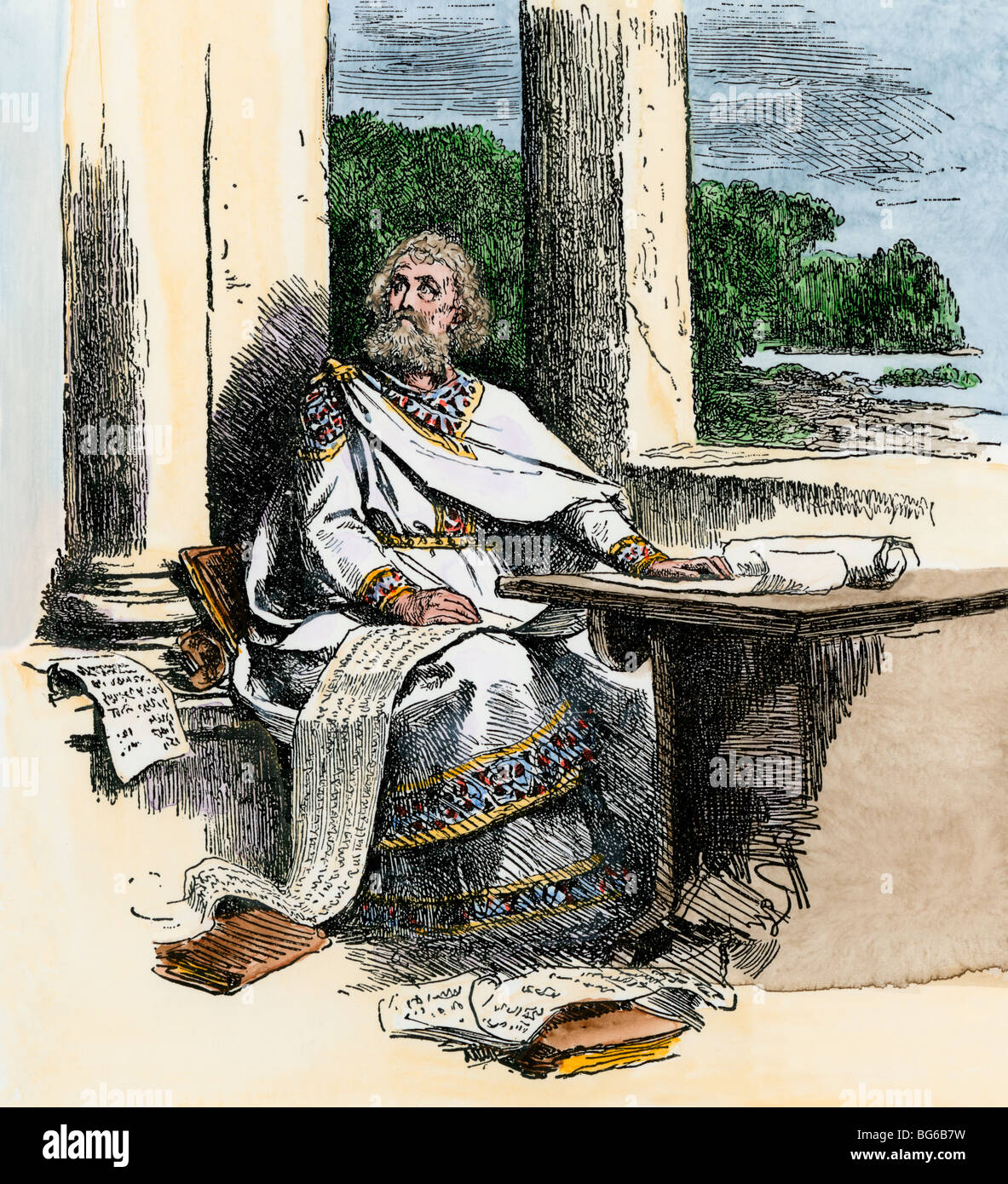 L'évêque Ulfilas traduit la Bible en Gothique, 4ème ANNONCE de siècle. À la main, gravure sur bois Banque D'Images