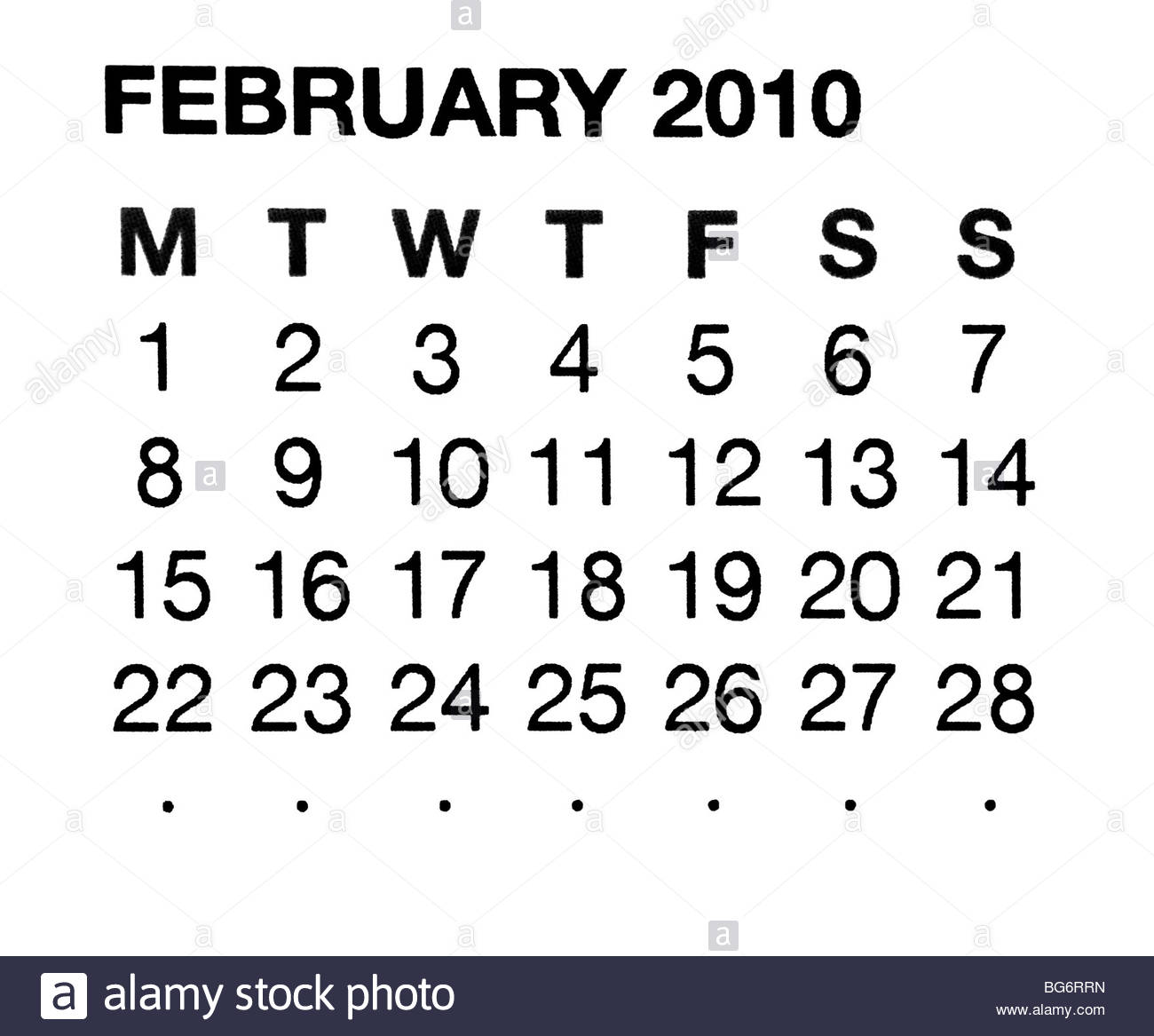 Février 2010 Calendar Banque D'Images