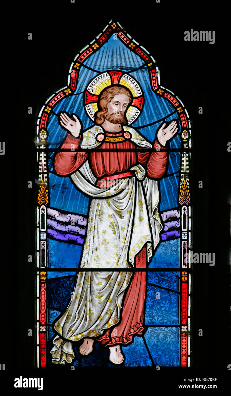 Une vitraux de Frederick Preedy représentant l'Ascension de jésus, l'église St Andrews, Temple Grafton, Warwickshire Banque D'Images