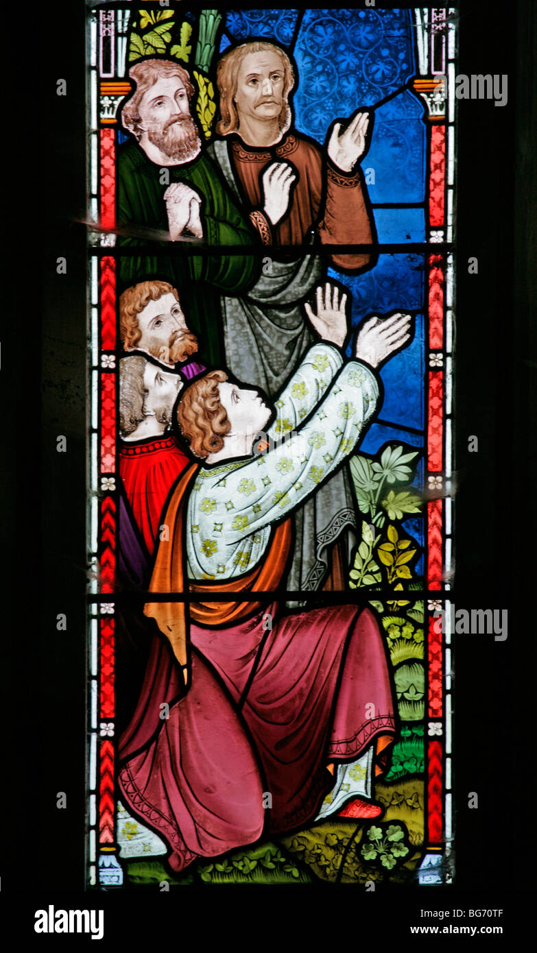 Un vitrail de Frederick Preedy représentant les temples de l'Ascension de jésus, l'église St Andrews, Temple Grafton, Warwickshire Banque D'Images