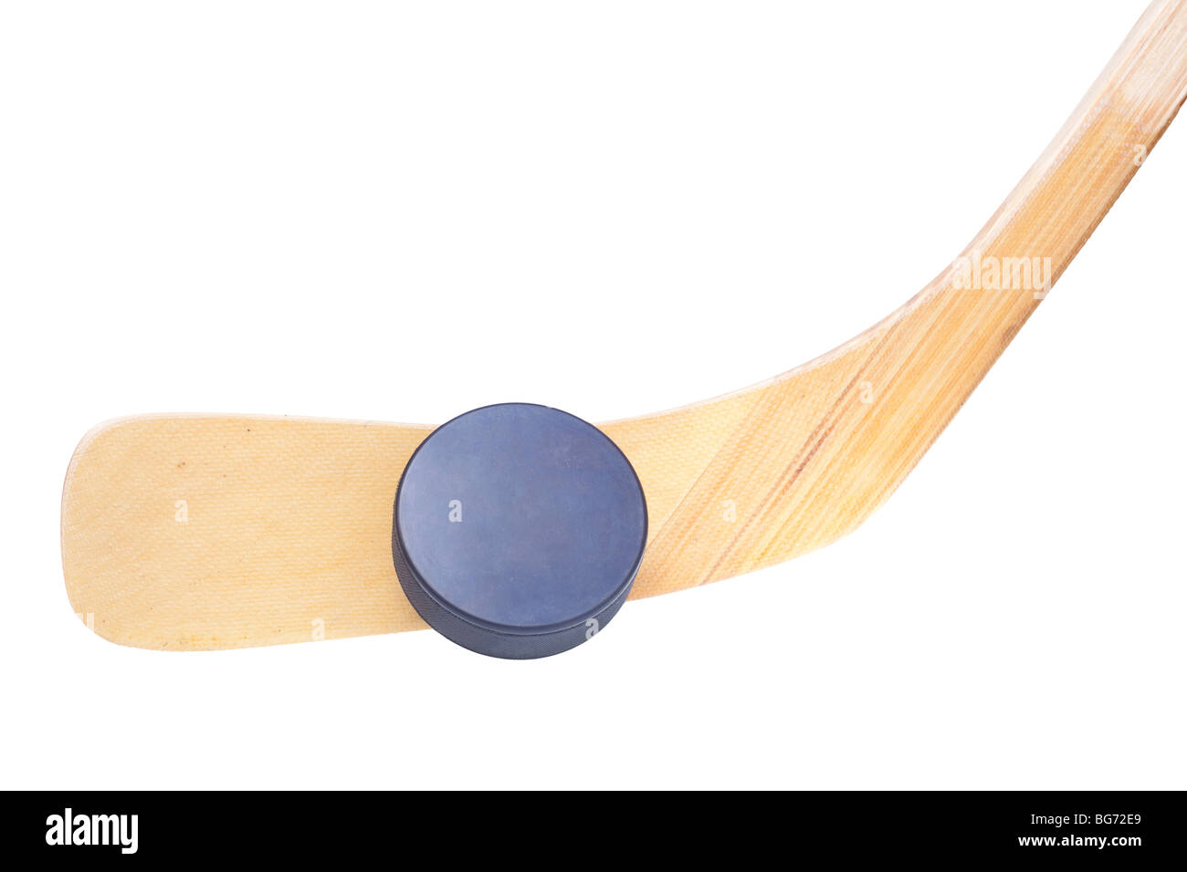 Close up d'un bâton de hockey sur glace et pointeur isolé sur fond blanc Banque D'Images