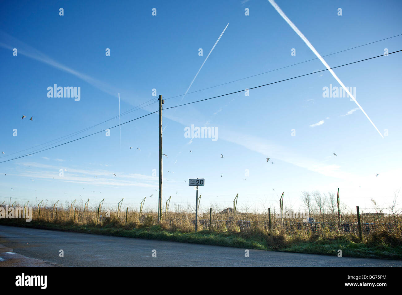 Chemin rural avec des traînées de vapeur jet dans ciel bleu Banque D'Images