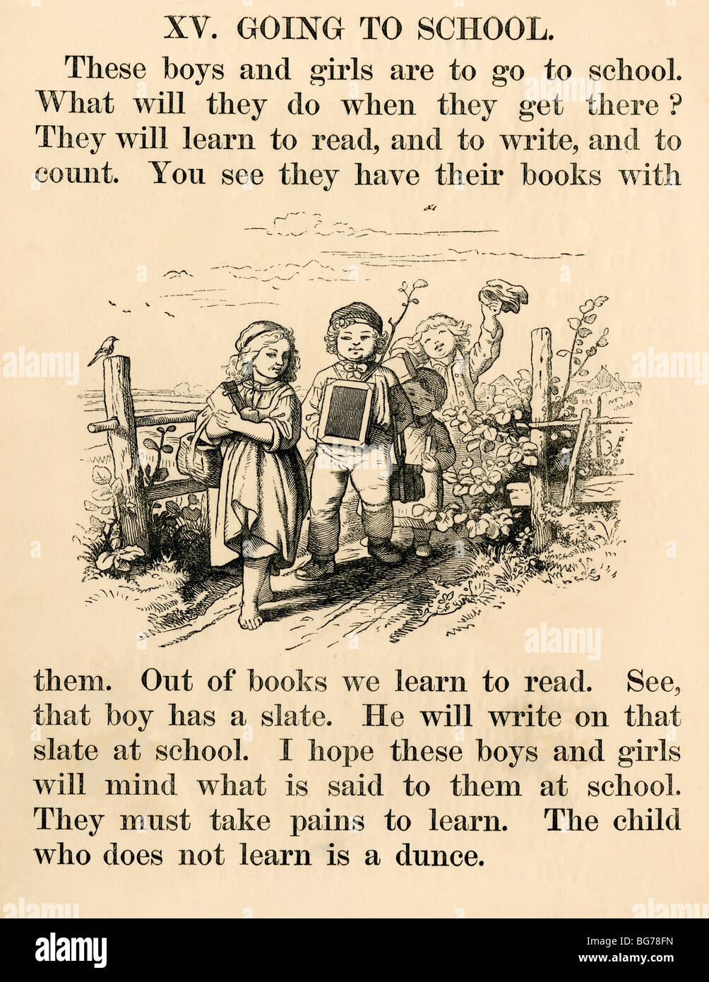 L'illustration de manuels scolaires des enfants se rendant à l'école, 1870. Gravure sur bois avec set type Banque D'Images