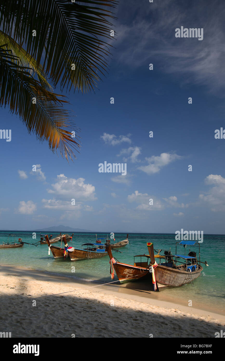 Bateaux à longue queue à Bamboo Island, les îles Phi Phi, Thaïlande Banque D'Images