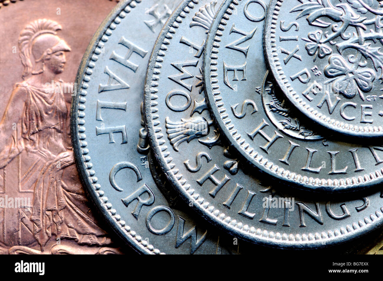 La pre-virgule de monnaie. Penny, demi-couronne, Florin, shilling, sixpence. Le LSD Banque D'Images