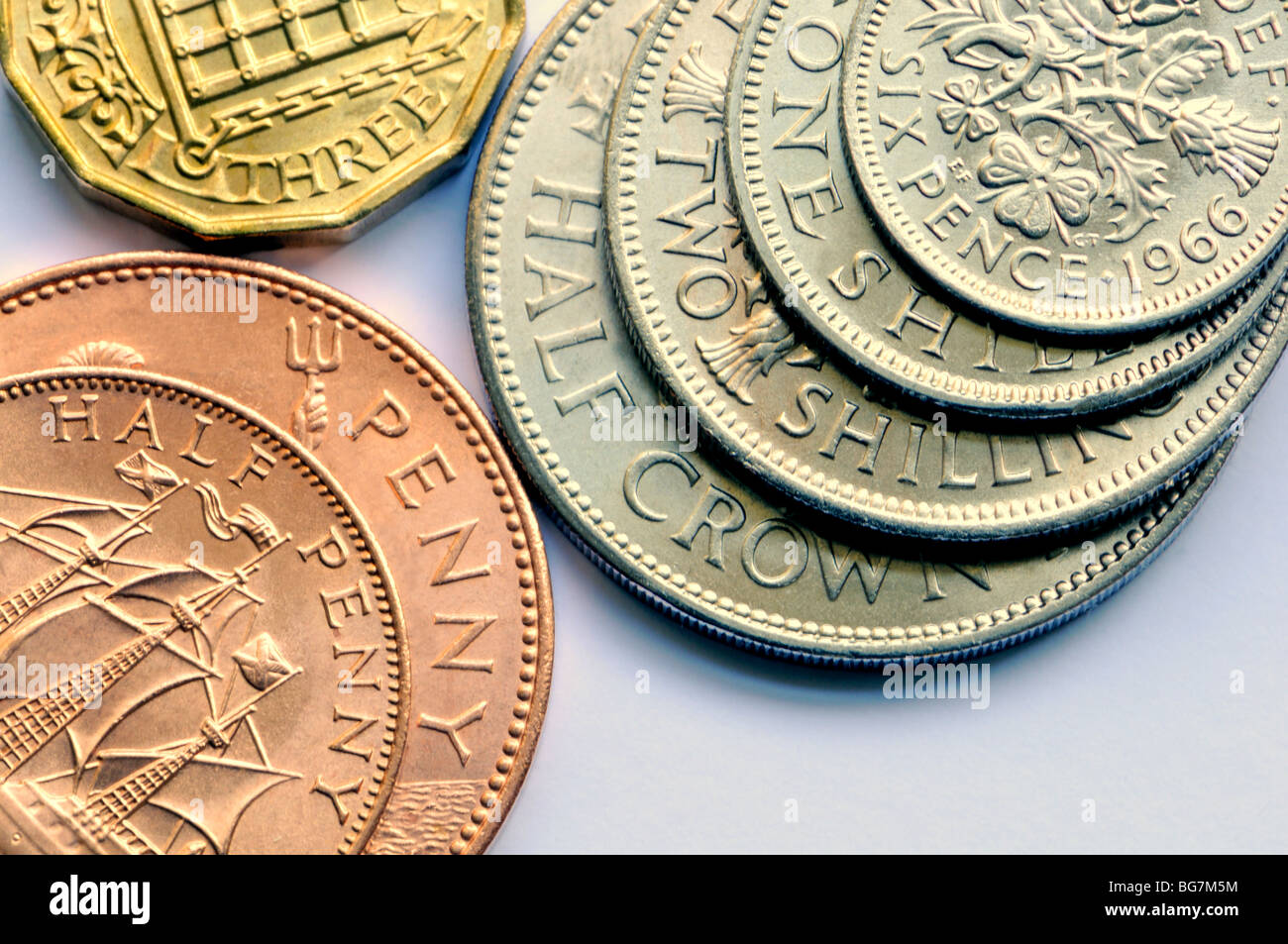 La pre-virgule de monnaie. Penny, demi-penny, threepence, demi-couronne, Florin, shillings, six pence. Le LSD Banque D'Images
