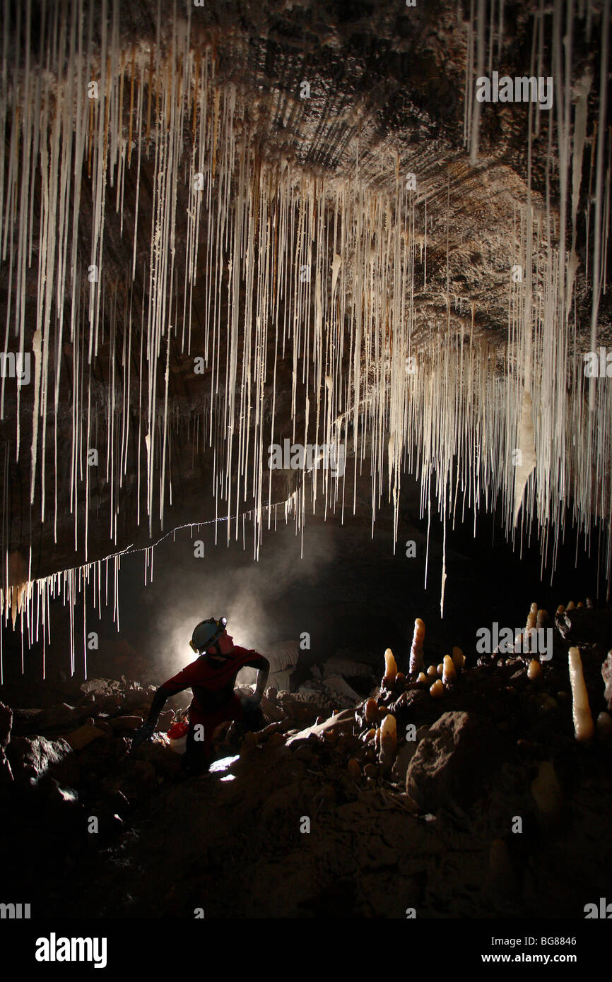 Un spéléologue admire ces formations de stalactites de paille unique profondément sous terre dans la région de Dan yr Ogof au-delà de l'showcave S dans le pays de Galles. Banque D'Images
