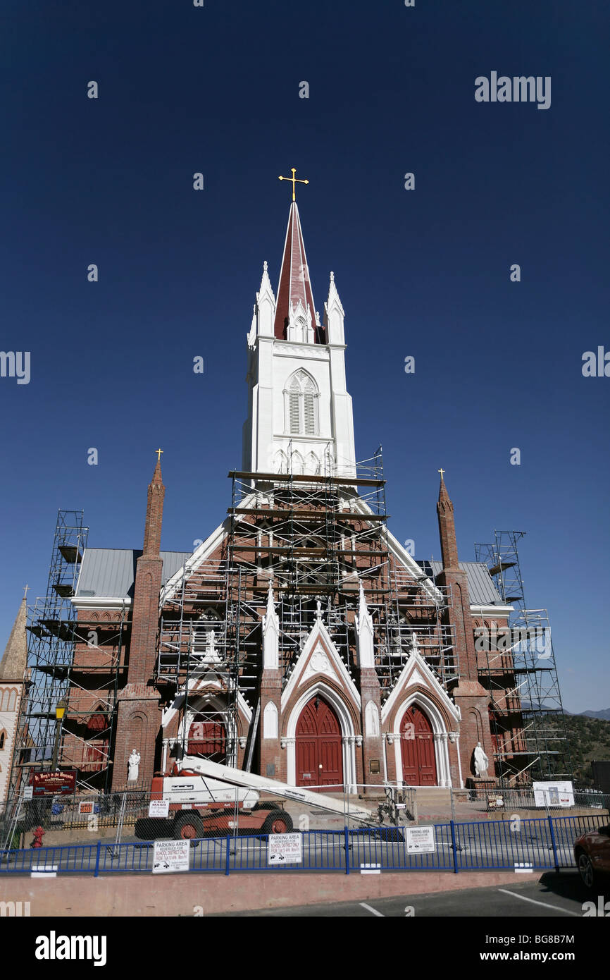 Église catholique Saint Mary, durant la construction, Virginia City, Nevada. Banque D'Images