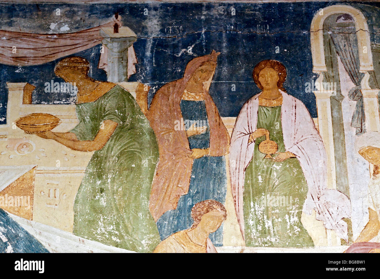 Fresques par Dionisius sur façade occidentale de la cathédrale de la Nativité de la Vierge à Ferapontovo monastère, Vologda Region, Russie Banque D'Images