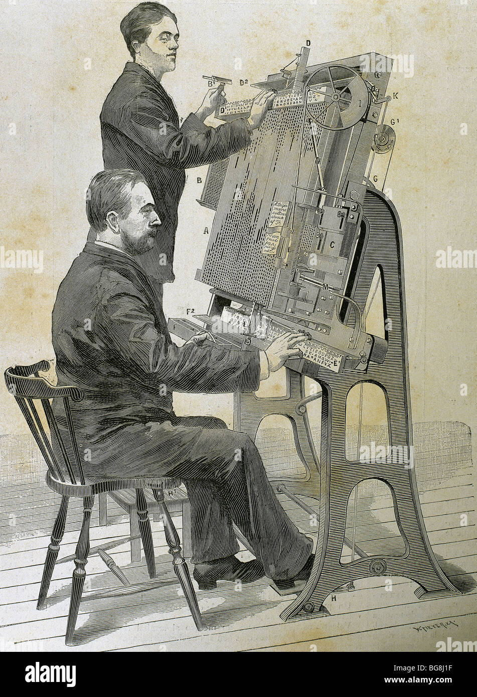 La composition typographique nouvelle machine. Gravure par O. Meyer pour 'illustration artistique', 1885. Banque D'Images