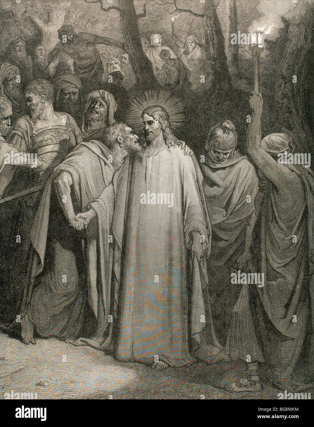 Le baiser de Judas. (Matthieu, chapitre XXVI, versets 48 à 54). Dessin de G. Dore et gravées par Pannemaker. Banque D'Images