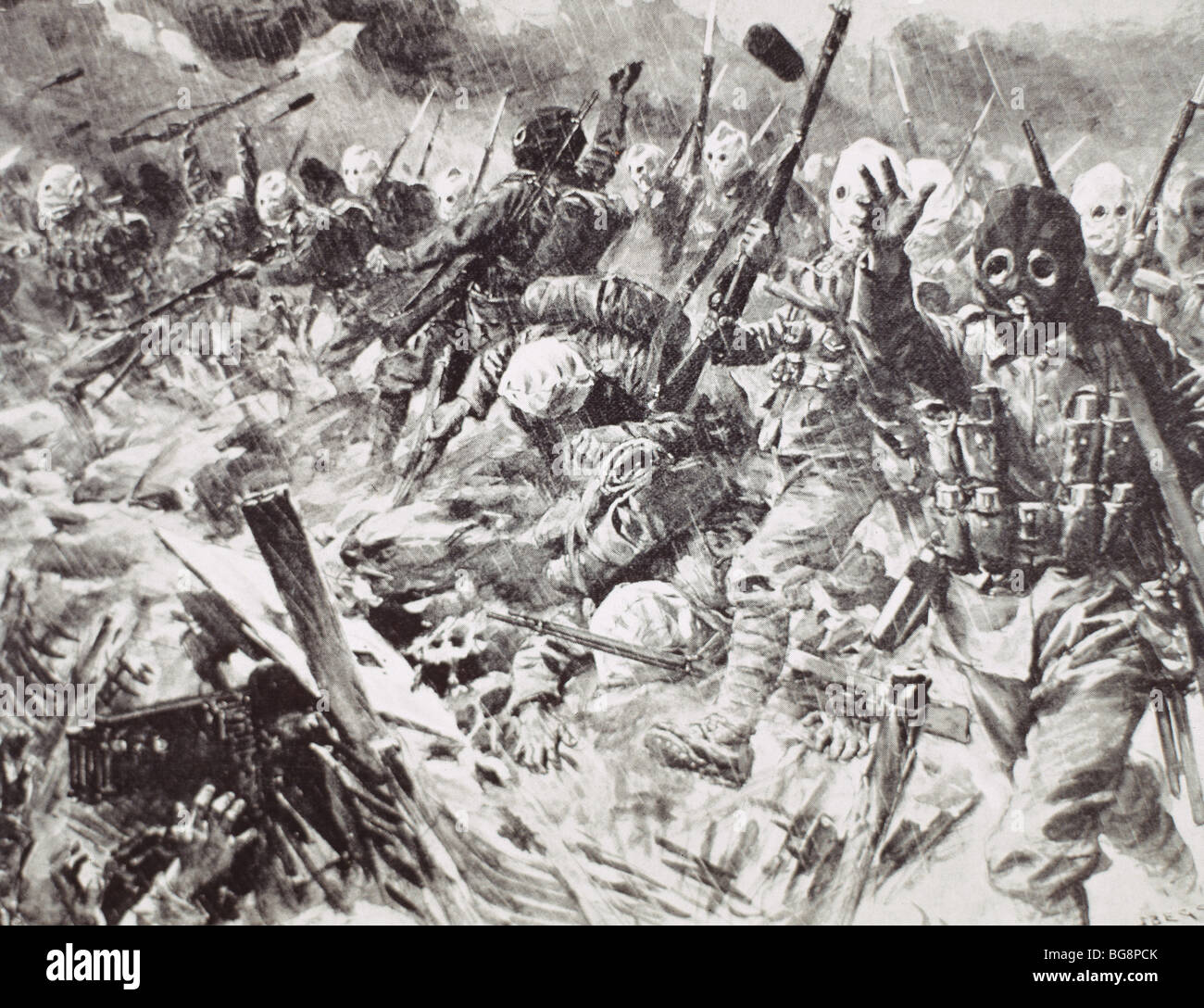 La PREMIÈRE GUERRE MONDIALE (1914-1918).Les troupes britanniques avançant sur les positions ennemies, protégés par des masques à gaz. 1915. Banque D'Images