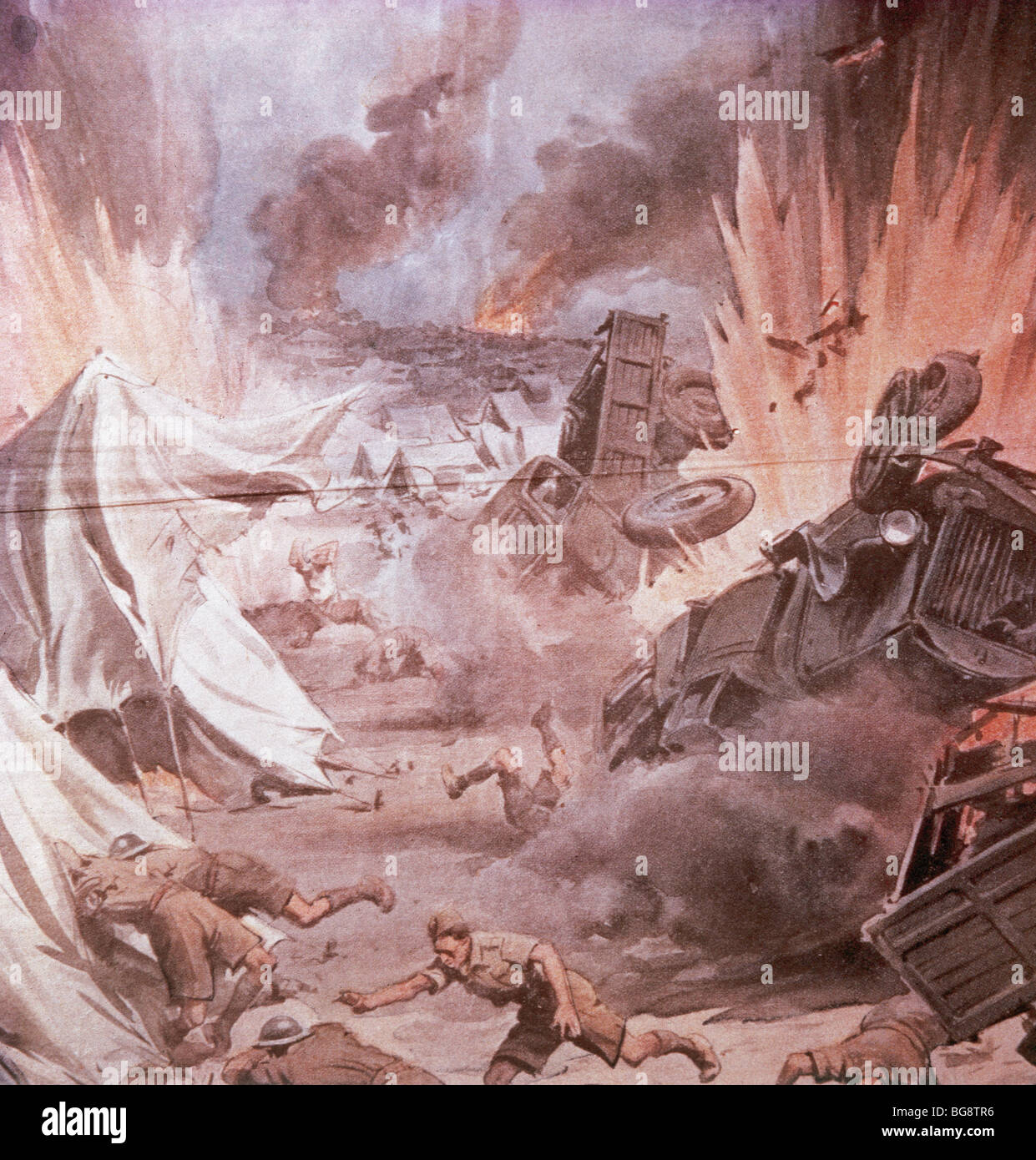 Seconde Guerre mondiale (1939-1945). Campagne d'Afrique. Avion allemand bombe camp anglais (1940). Dessin. Banque D'Images