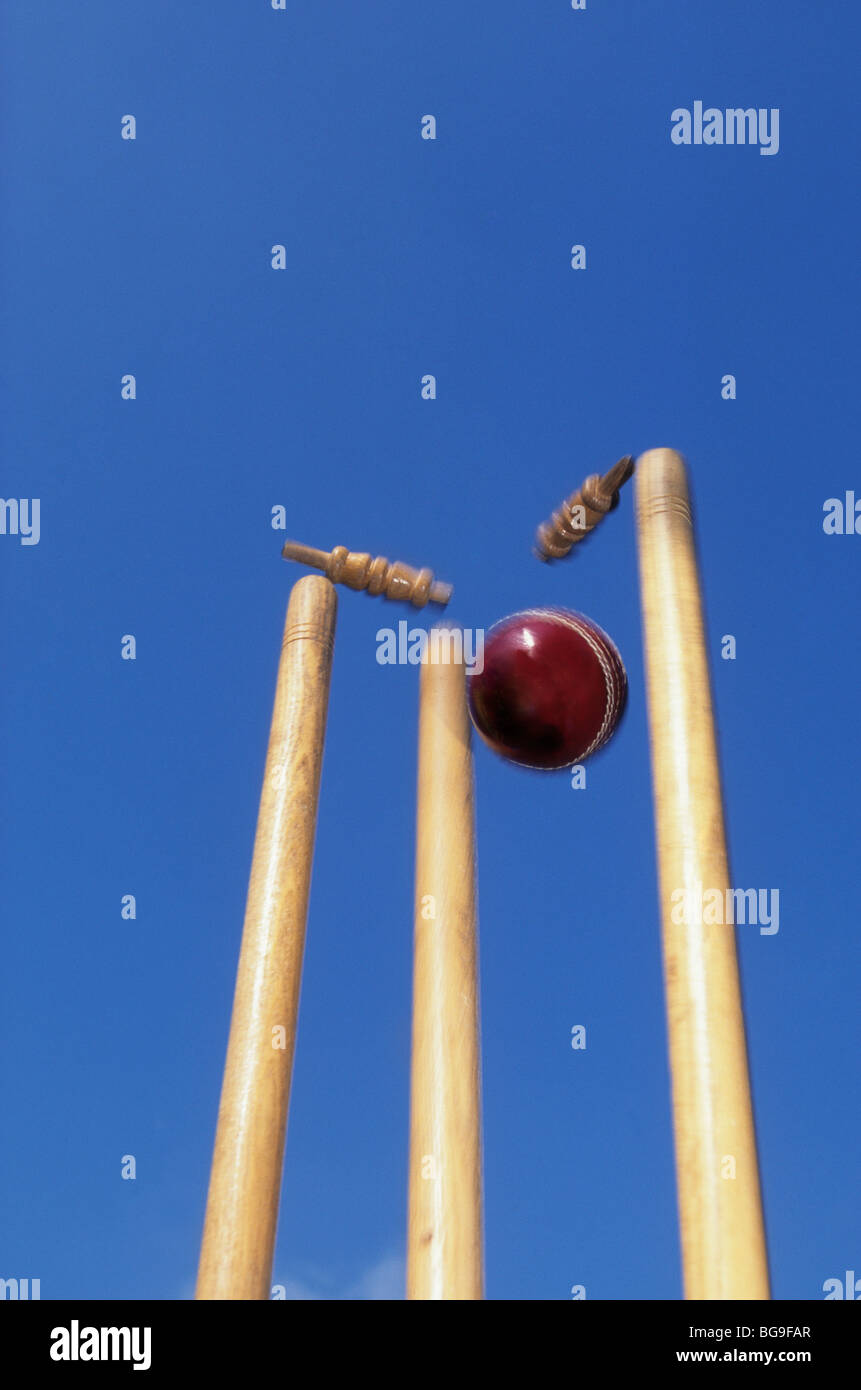 Gros plan sur le ballon de cricket rouge qui frappe les souches Banque D'Images