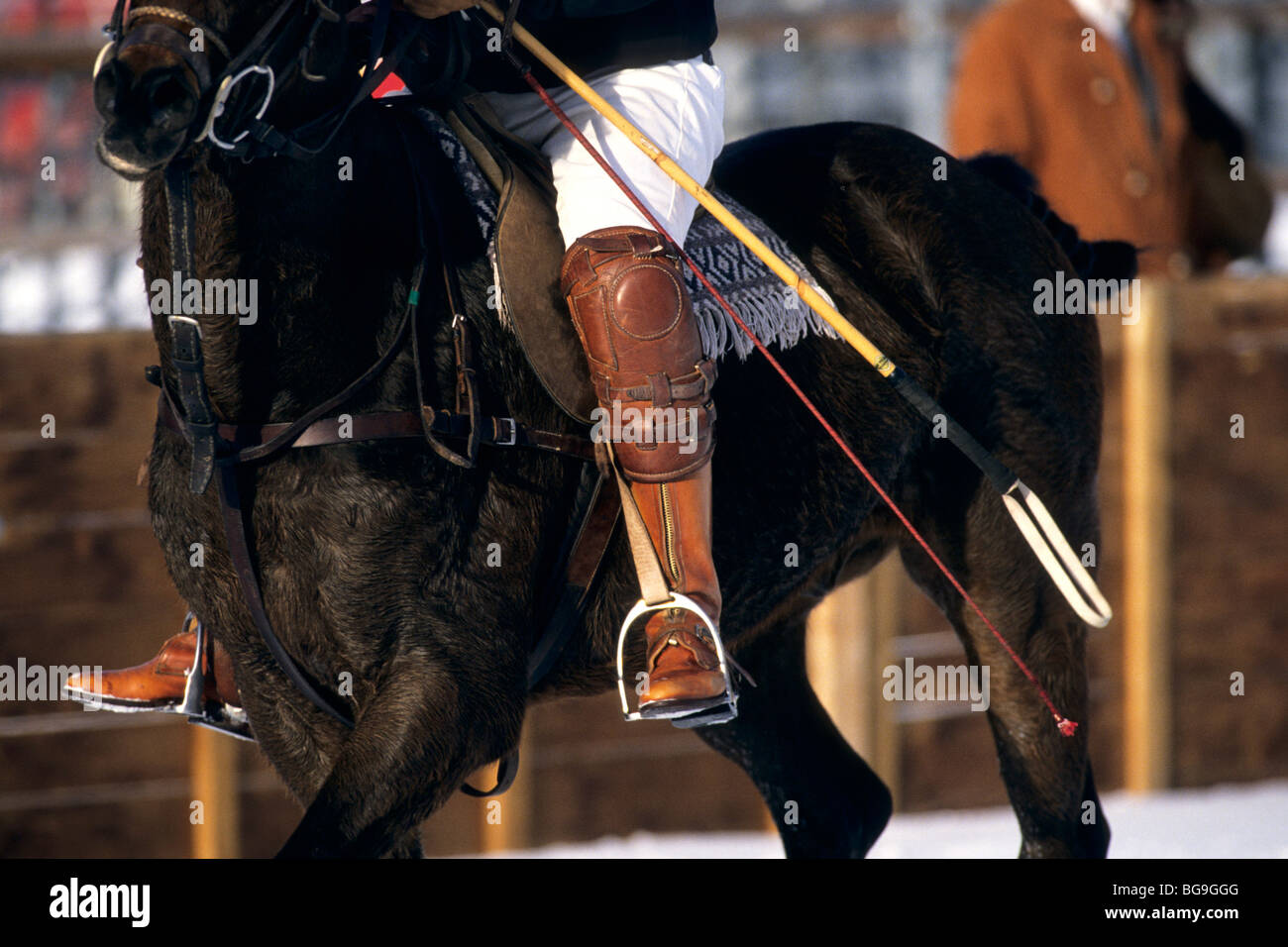 Snow polo player riding a horse Banque D'Images